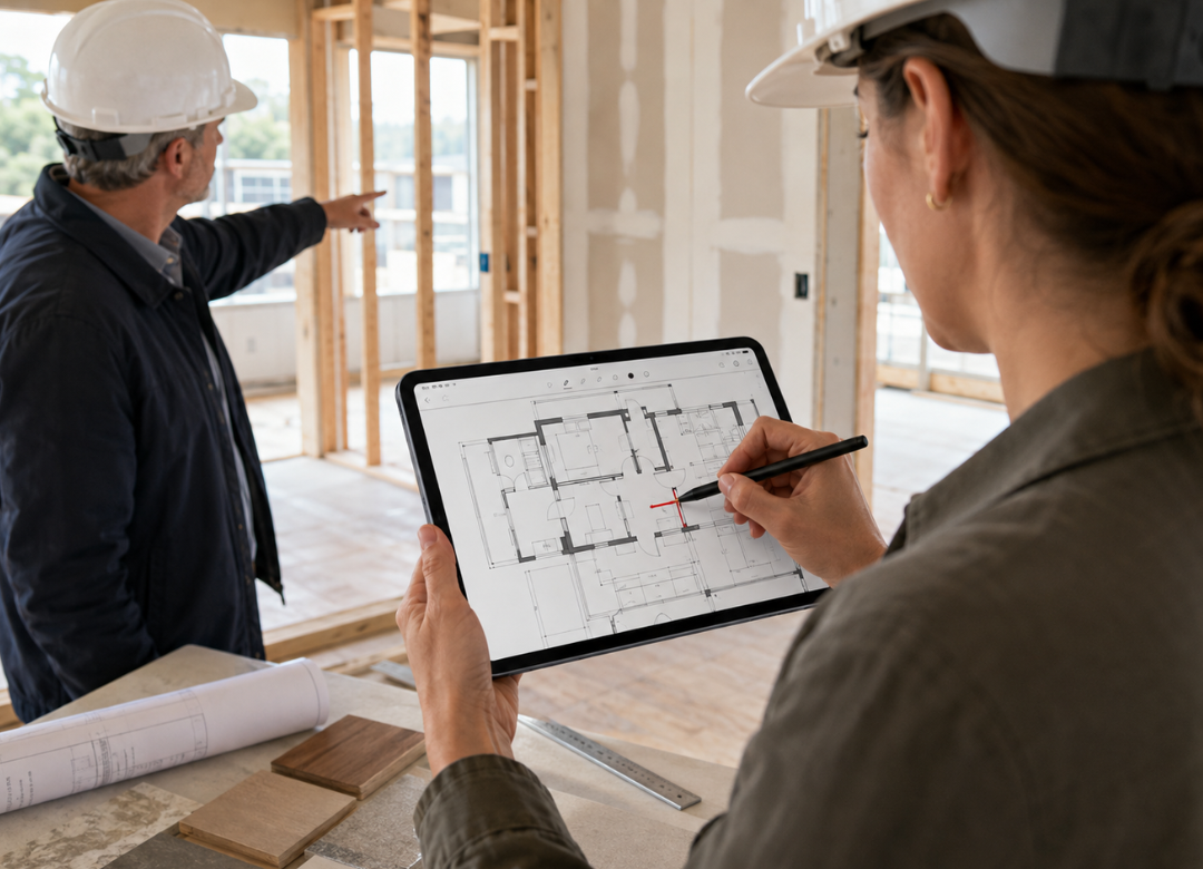 Architect reviews and marks up a floor plan on a Windows tablet while a colleague points inside a building under construction.