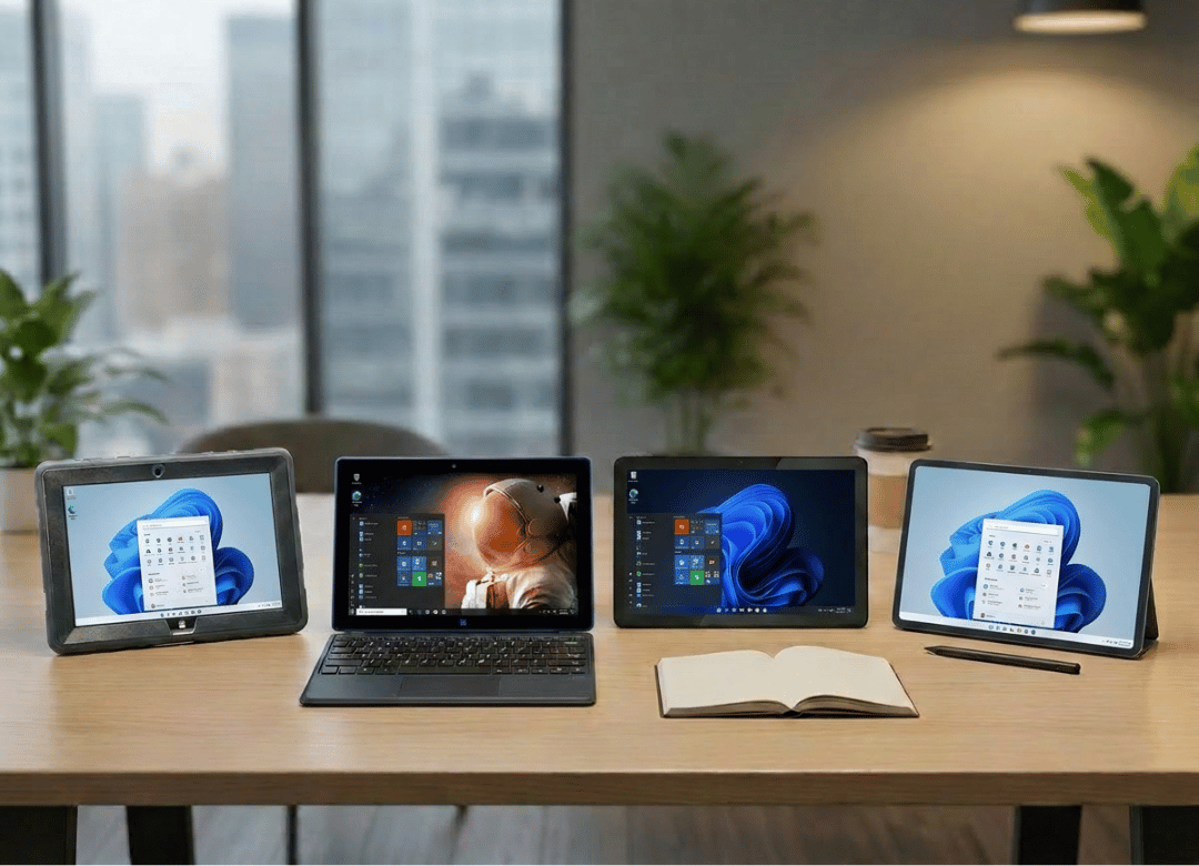 Comparison of Windows tablets and a detachable 2-in-1 laptop on a desk for the 2026 Windows tablet buying guide.