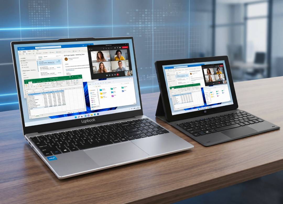 Fusion5 Lapbook S15 N6 laptop and Fusion5 Pro N5 Windows tablet side by side displaying business productivity apps including email, spreadsheets, file management, and video conferencing for laptop vs tablet comparison