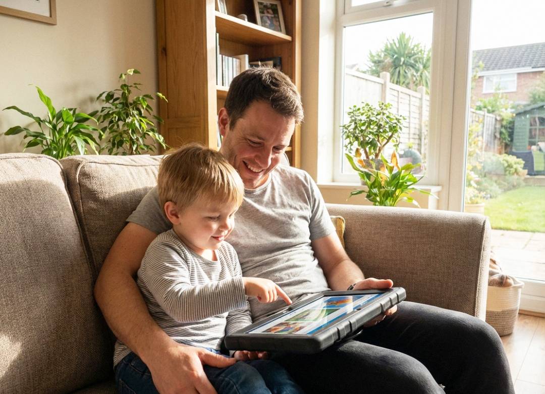 Parent and child sitting on a couch smiling while using a Fusion5 Windows tablet together in a bright family living room