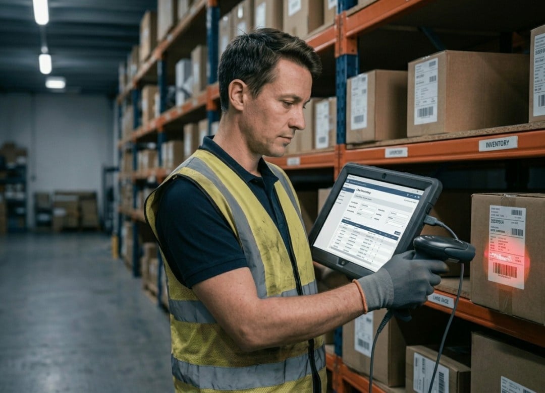 A warehouse employee uses a Fusion 5 Windows tablet for warehouse management to scan inventory, update stock records, and improve operational efficiency. Windows-based warehouse tablets help streamline inventory control, order fulfillment, barcode scannin