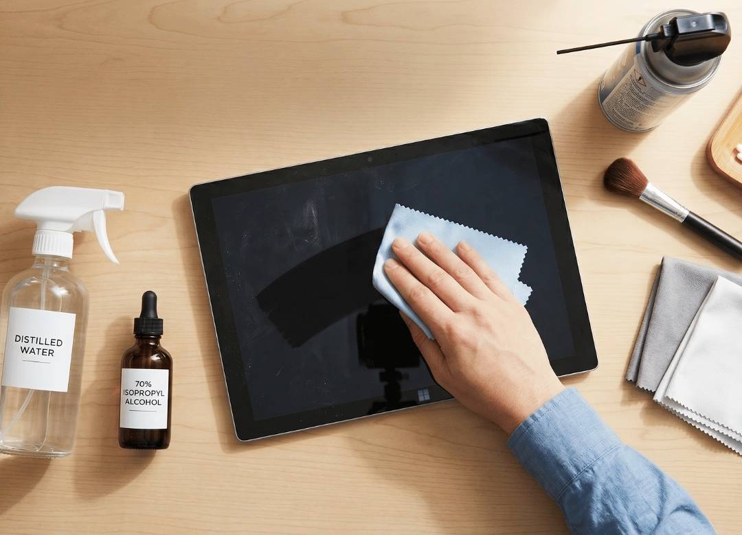 Hand cleaning a tablet screen with a microfiber cloth using isopropyl alcohol and distilled water for safe, streak-free tablet maintenance.