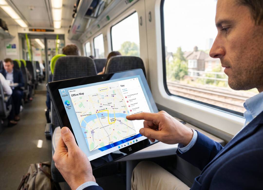 Business professional using a Windows tablet with offline maps on a train, demonstrating offline navigation and productivity without Wi-Fi
